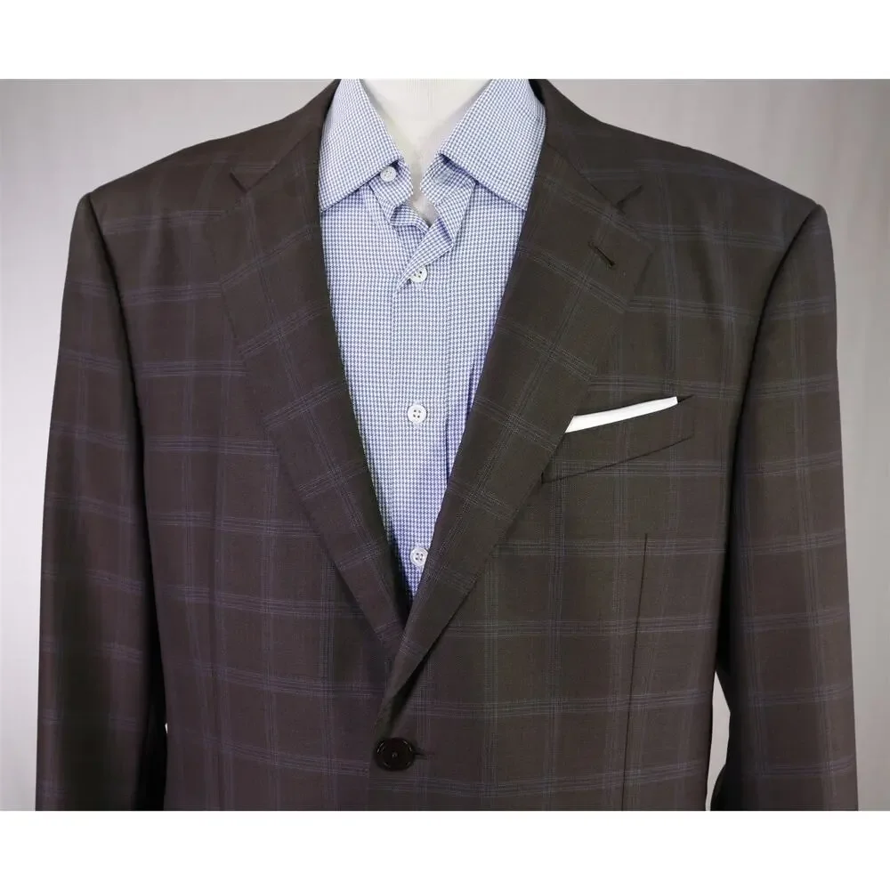 Armani Collezioni Brown w/ Sky Blue Windowpane Wool 2-Btn Sportcoat Blazer 44L